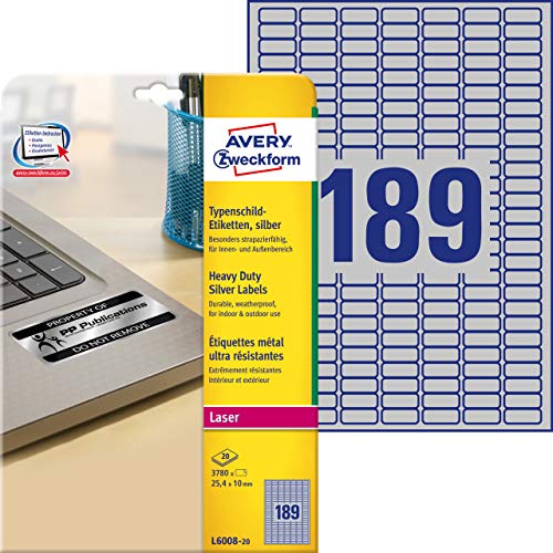 Avery Zweckform, L6008-20, Etichette ultra resistenti in poliestere per prodotti e dispositivi, 20 fogli, 25,5 x 10 mm