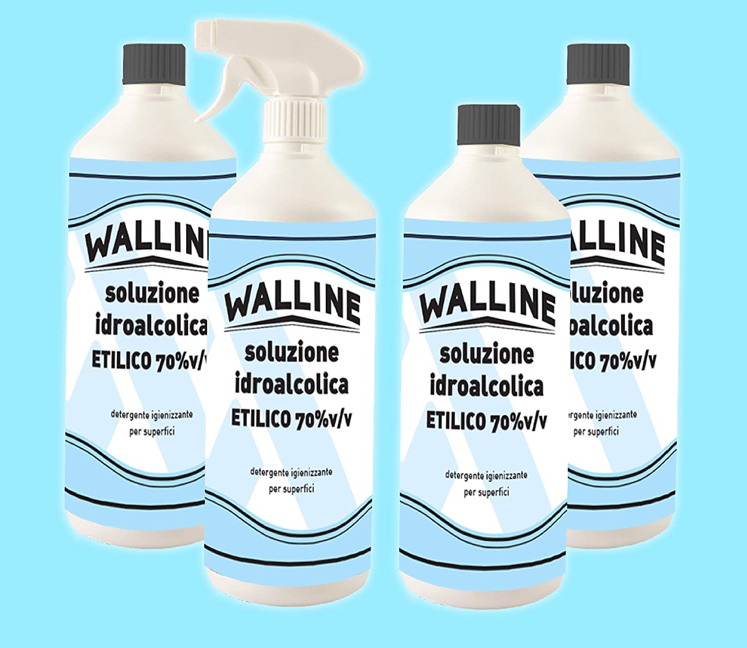 KIT Walline - 4X Soluzione Idroalcolica Alcol Etilico 70% v/v Per Superfici 1 lt Con Spruzzatore + 3 lt ricarica