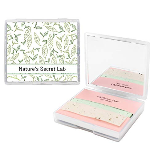[100 Counts + Mirror Case] Face Oil Blotting Paper Sheets with Makeup Mirror - Green Tea Oil Absorbing Sheets