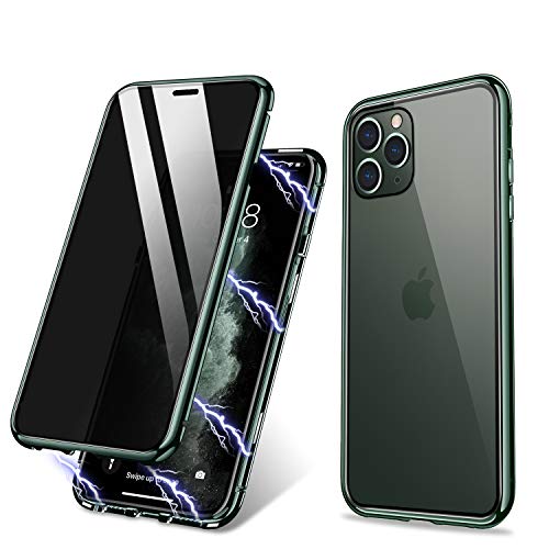 ZHIKE Custodia per iPhone 11 PRO, Custodia per adsorbimento Magnetico Anti-Peep Frontale e Posteriore in Vetro temperato Copertura a Schermo Intero Flip Privacy Cover per(Anti Spia-Verde Scuro)