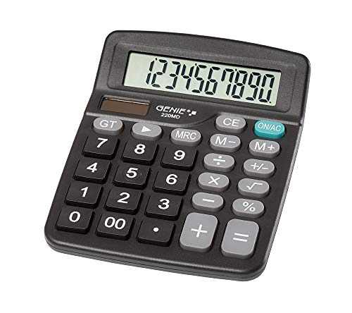 Genie 220 MD - Calcolatrice da tavolo a 10 cifre, Dual Power (solare e batteria), 1 pezzo, design compatto, colore: Nero