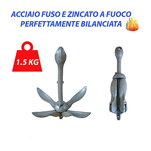 Ancora ad Ombrello Pieghevole in Acciaio Fuso zincato Perfettamente Bilanciata da 0.7 kg - 1.5 kg - 2.5 kg - 3.2 kg - 4.0 kg - 6 kg - 12 kg per Barca Ancoraggio (1,5 kg)