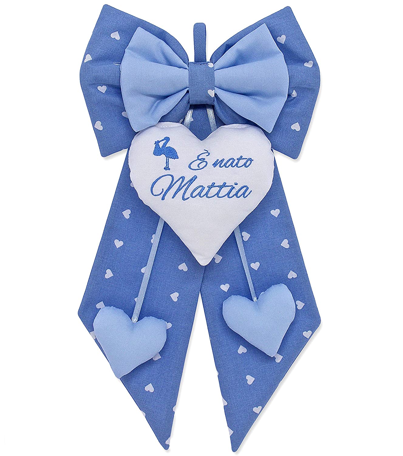 Fiocco nascita bimbo azzurro a cuori da personalizzare. coccarda per nascite con disegni e nome personalizzabili