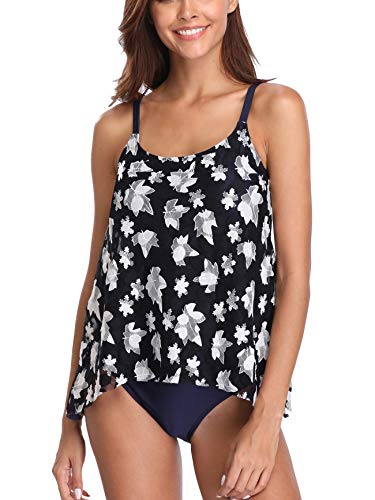 FLYILY Tankini da Donna in Rete, Costume da Bagno, Set da 2 Pezzi, Bikini con Slip a Vita Alta, Taglie Forti(Leaf,M)