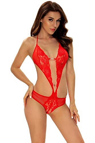 Voqeen Lingerie Sexy Donna Babydoll Camicia da Notte Biancheria Intima Pizzo Sleepwear Bodysuits Hot per Sesso Taglie Forti Aperto Halter Capestro Scollo a V Senza Schienale