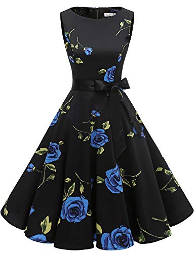 Gardenwed Annata 1950 retrò Rockabilly Polka Vestito da Audery Swing Senza Maniche Abito da Cocktail Partito Blue Rose S