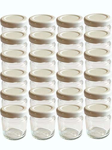 Set di 28 mini vasetti rotondi in vetro da 53 ml, dotati di coperchio di colore bianco To 43, ideali per marmellate, miele e conserve, vasetti per apicoltori, monoporzione