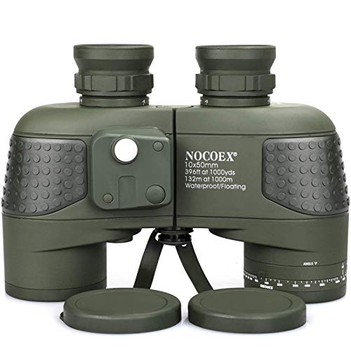 NOCOEX 10x50 Binocolo Marino per Adulti, Binocolo Militare Impermeabile con Bussola Telemetro BAK4 Prisma Lente FMC Antiappannamento per la Navigazione Birdwatching Caccia