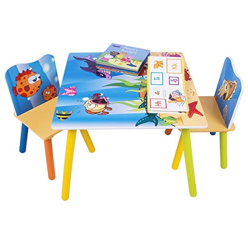 WOLTU SG003 Set Mobili Tavolo e Sedie per Bambini Gioco Tavolino con 2 Sgabelli Soggiorno Design Oceano in Legno