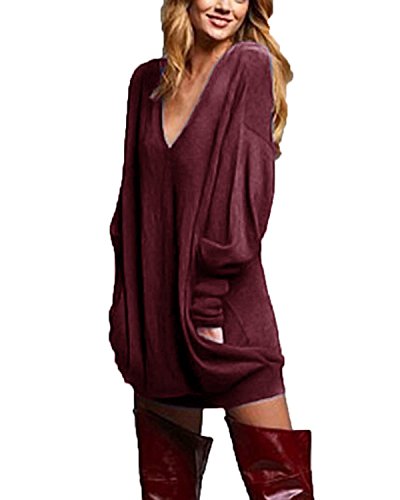 ZANZEA Donna Maglia Manica Lunga Taglie Forti Scollo V Sexy Vestito Maglione Camicetta Pullover Lungo 01-Vino Rosso XXL