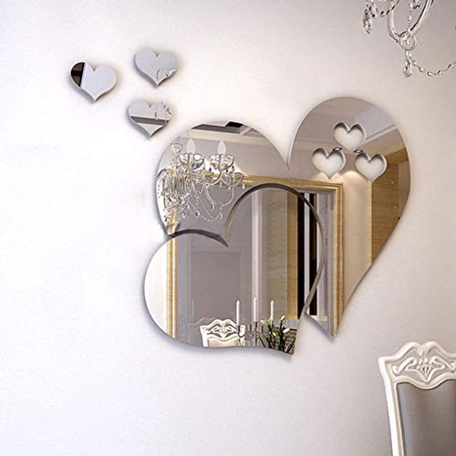 Adesivi murali specchio, cristallo 3D doppio amore cuore acrilico fai da te art decalcomanie della parete di casa soggiorno bagno tv sfondo decor, 10 pezzi / 2 set(Argento)