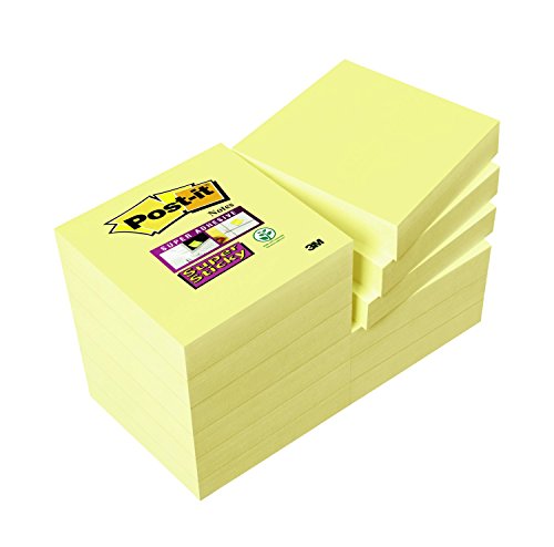 Post-it 99933 Foglietti Super Sticky, Confezione da 12 Blocchetti Senza Film Singolo da 90 Fogli, 70-75 G/M2, Giallo Canary