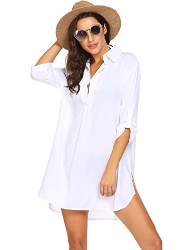 UNibelle Copricostume Donna Spiaggia Copricostumi e Parei Costume da Bagno Maniche a 3/4 Chiffon Camicia Abito da Spiaggia Elegante Bianco L