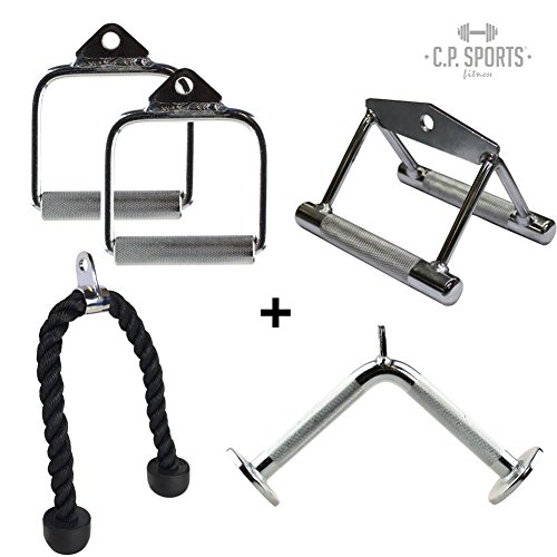 C.P. Sports 5 maniglie – Set con maniglia, manico parallelo, impugnatura per tricipiti, corda per tricipiti, fitness, sport di forza, maniglia con cavo.