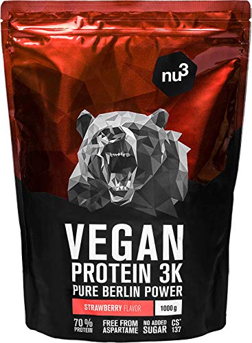 Proteine Vegane 3K - 1 Kg gusto Fragola - Proteine in polvere dei piselli, semi del girasole e riso – Integratore a base di 3 componenti - 70% di proteine - Informed Sport Certified - da nu3