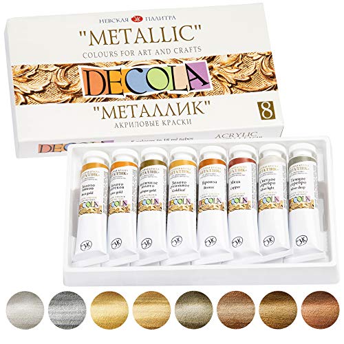 Decola Set Colori Acrilici Per Dipingere Metallici | 8 X 18 milliliters Colori Acrilici Metallizzati In Tubetti | Creati In Russia Da Neva Palette