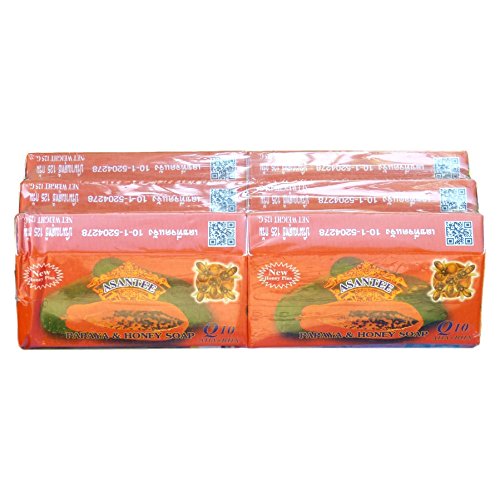 Asantee, sapone papaya e miele + sbiancante pelle Q10, confezione da 6 x 135 g