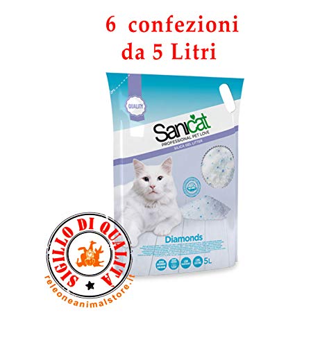 Sanicat 6 LETTIERA al SILICIO SILICE per Gatti Gatto Sabbia Assorbente 5LT Diamonds 30 LT