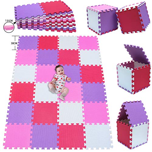 MSHEN 24 Foglio Tappeto Puzzle con Certificato CE e Certificazione in Soffice Schiuma Eva | Tappeto da Gioco per Bambini | Tappetino Puzzle...dimensione1.94 mq,bianco-rosa-rosso-viola-01030911g24