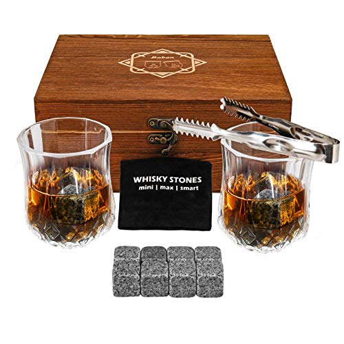 Baban Scatola Legno Wisky Set - Whisky Stones 8 PCS & Bicchieri Whisky 2 PCS, Pinze & Borsa Ghiaccio - Regalo Boutique per Gli Amanti del Whisky