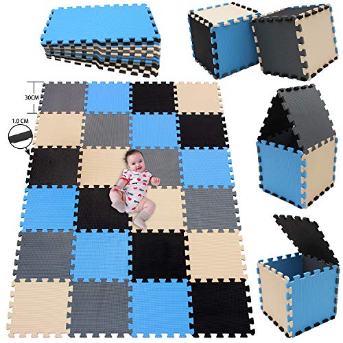 MSHEN 24 Foglio Tappeto Puzzle con Certificato CE e Certificazione in Soffice Schiuma Eva | Tappeto da Gioco per Bambini | Tappetino Puzzle...dimensione1.94 mq,nero-blu-beige-grigio-04071012g24