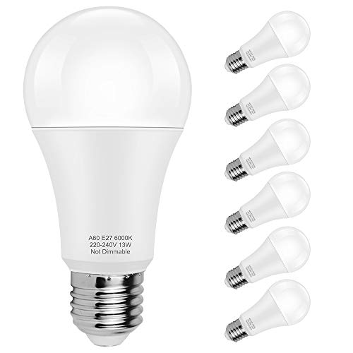 Pursnic Lampadine LED E27, Bianco Freddo 6000K, 13W Equivalenti 100W, Lampadina LED Globo A60 Attacco E27, Angolo di Emissione 360 °, 6 Pezzi