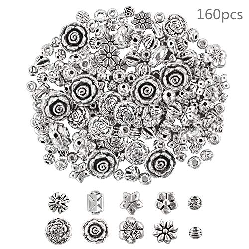 160 Pezzi Argento Perline Accessori,Perline Tibetano Argento Fai da Te Perline Distanziatori in Lega Perline Antico Argento per Braccialetti Collane Orecchini(20 Stili)