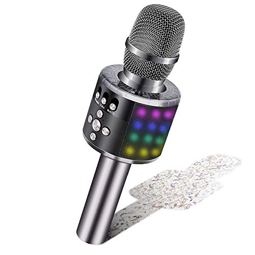 Microfono Karaoke Wireless, BONAOK Microfono Bambini Senza Fili Adulti con Altoparlante, Microfono Karaoke Player con Luci per Partito Compleanno Regalo Compatibile Android iOS PC (Spazio Grigio)