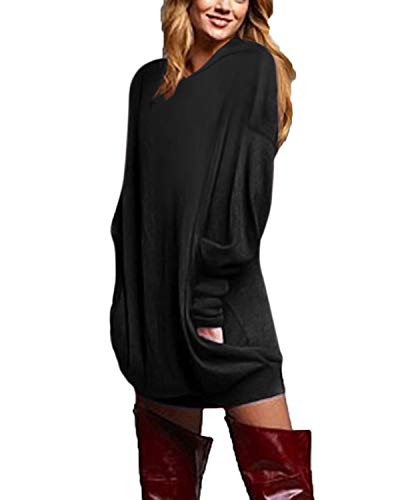 ZANZEA Donna Felpa Lungo con Cappuccio Pullover Maglia Scollo V Manica Lunga Camicetta Sweater Autunno Inverno Partito 03-con Cappuccio Nero M