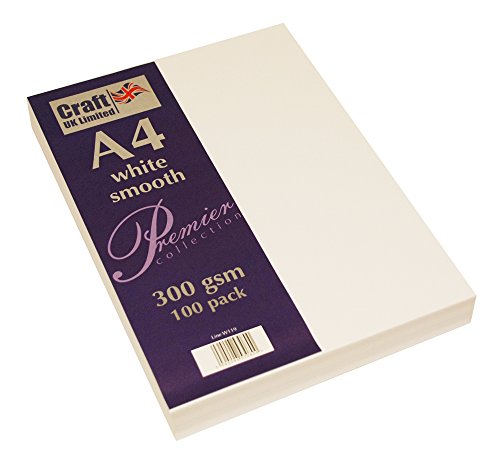 Craft UK, 100 Fogli di cartoncino, Colore Bianco, Formato A4, 300 g/m²