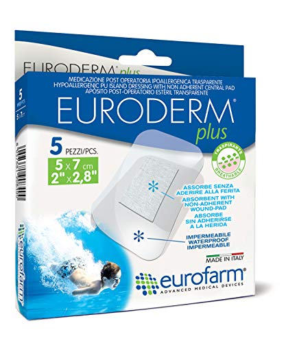 Euroderm Plus (cm 5 x cm 7) Medicazione Adesiva Trasparente in Film di Poliuretano con Tampone Assorbente, Confezione 5 Pezzi