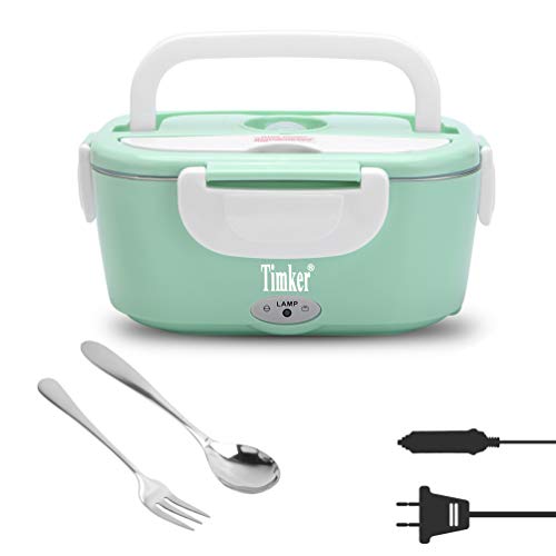 Timker Scaldavivande Elettrico Portatile,Scaldavivande 12V/24V/220V 3 in 1 per Auto e Ufficio - Scaldavivande Elettrico in Acciaio Inox 40W 1.5L con Cucchiaio e forchetta in Inox