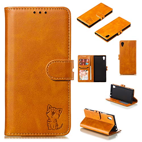 Robinsoni Cover Compatibile con Sony Xperia XA1 Custodia Pelle Cover Retro Flip Case Gatto Cover Portafoglio Magnetica Libro Cuore Custodia Libretto Antiurto Cover Supporto Stand Wallet Case, Giallo