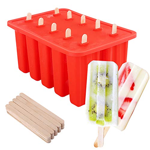 Nuovoware Stampo per Gelato, 10 Cavità Stampi Riutilizzabili in Silicone Senza BPA con Vassoio Produttori per Ghiaccioli Gelati DIY Ice Pop Maker - Rosso