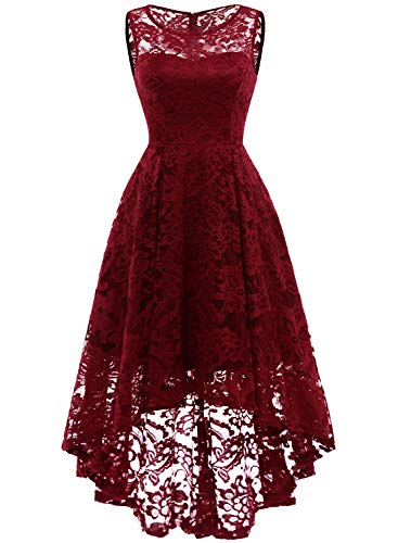 MuaDress Vintage Cocktail Vestiti Elegante Donna Hi-Lo Fiore Pizzo DarkRed S