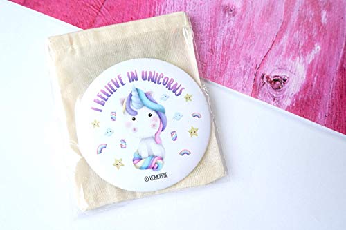 Specchietto da borsa Unicorno, I believe in Unicorns, by KOMOREBE® Illustrations, con sacchetto di cotone