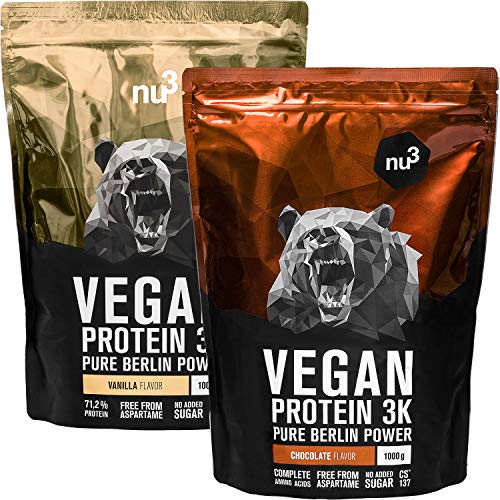 nu3 Vegan Protein 3K - 1 kg Chocolate + 1 kg Vanillia - Proteina in polvere a base vegetale - Delizioso gusto cioccolato e vaniglia - Più del 70% di proteine