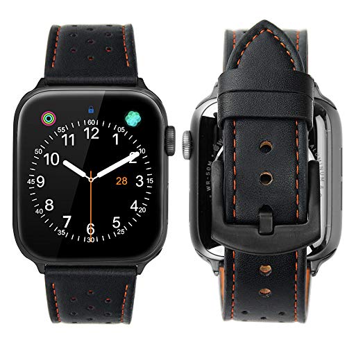 iBazal Cinturini Compatibile con iWatch Cinturino Series 5 4 44mm 42mm Series 3 Series 2 Series 1 Pelle Cuoio Braccialetto Cinghia Braccialetti Sostituzione Orologio Accessorio - Nero/Arancio 42/44