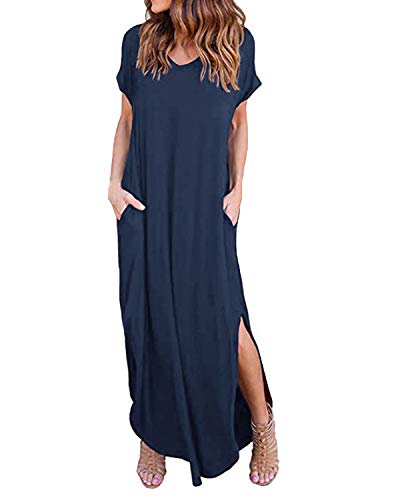 Kidsform Vestito Donna Estivo Donna Scollo a V Manica Corta Abito Casual Loose Elegante Vestito Lungo Donna con Tasca T-Blu Scuro L