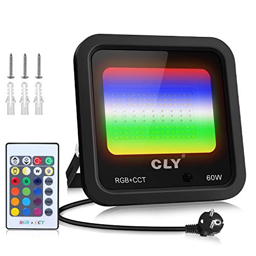 Faretto LED CLY RGBW 60W con cambio colore con telecomando, 3200 lm, RGB, multicolore, dimmerabile, per interni ed esterni, 4 modalità, 19 colori, IP66, impermeabile