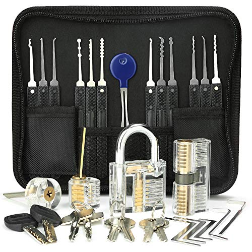 IPSXP Set Fabbro, Set Grimaldelli da 18 Pezzi Grimaldelli Lock Picking con 4 Trasparente Serratura Lucchetto con Borsa di e Istruzioni, Pratica Aprire le Serrature Set per Fabbri Principianti