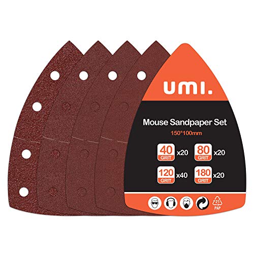 Umi. by Amazon- Fogli Abrasivi 100 Pezzi, Carta Levigatrice per Mouse per Levigatrici Multiple, Grana 40/80/120/180