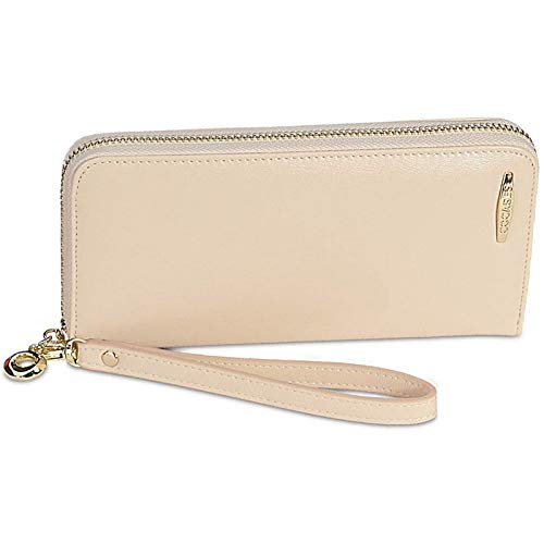 Portafoglio Donna, PU pelle con zip/cerniera di grande capacità, COCASES Clutch Pochette con cinturino per polso (Beige)