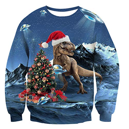 TUONROAD Donna Christmas Sweatshirt Dinosauro 3D Stampato Ugly Xmas Pullover Uomo Crewneck Funny Sweater Maglione di Natale Unisex - L