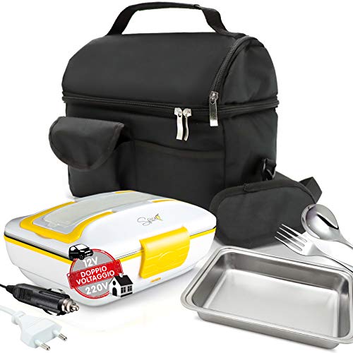 SPICE Set Borsa Termica con Tracolla + Scaldavivande Doppio Voltaggio 220 V - 12 V Amarillo Inox Trio Plus con Set Posate e Vaschetta in Acciaio Inox 1 Litro