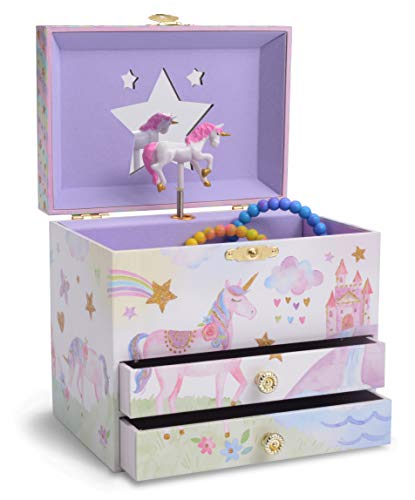 Jewelkeeper - Portagioie Carillon con 2 Cassetti Estraibili, Design Glitterato con Arcobaleno e Stelle con Unicorno - Musica Dell'Unicorno