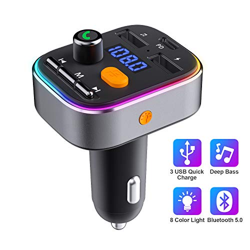 Trasmettitore Bluetooth per Auto, HOLALEI FM Transmitter Bluetooth Bassi Profondi, Bluetooth Adattatori per Auto con Doppio Caricatore USB, 8 Colori Controluce, Supporto U Disk/TF Card【2020 Edizione】