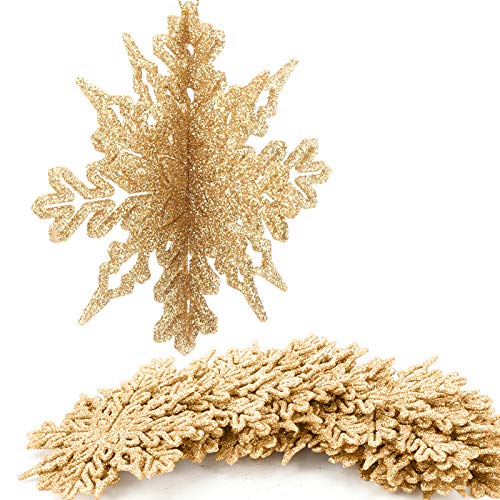 Aitsite 16 Pezzi di Fiocchi di Neve Glitter 3D, Artigianato da Appendere in plastica da 4 Pollici per Feste di Matrimonio Natalizie e Decorazioni per la casa, Oro