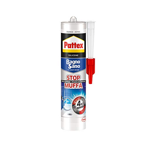 Pattex Bagno Sano Stop Muffa, sigillante bianco per prevenire la muffa, pistola silicone resistente all'acqua, silicone antimuffa in cartuccia, 1x300ml
