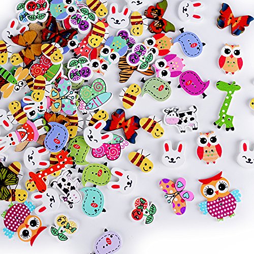 AONER 100 pz Bottoni Animali Legno Assortiti per Decorazioni Cucito Fai da Te Scrapbooking Artigianato Bricolage
